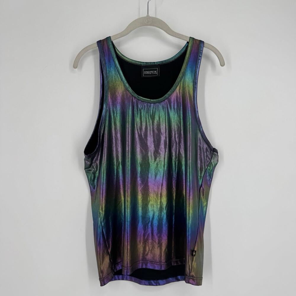 Andrew Christian tank mens medium M shiny disco holographic rainbow fitted pride